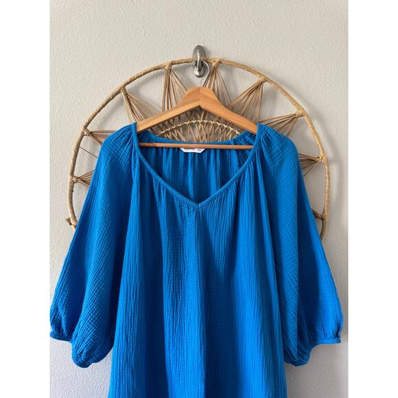 Sonoma Blue Gauze Muslin Flowy Dress/Tunic w/ Waist Belt Tie Pockets Sz LARGE - Picture 3 of 11